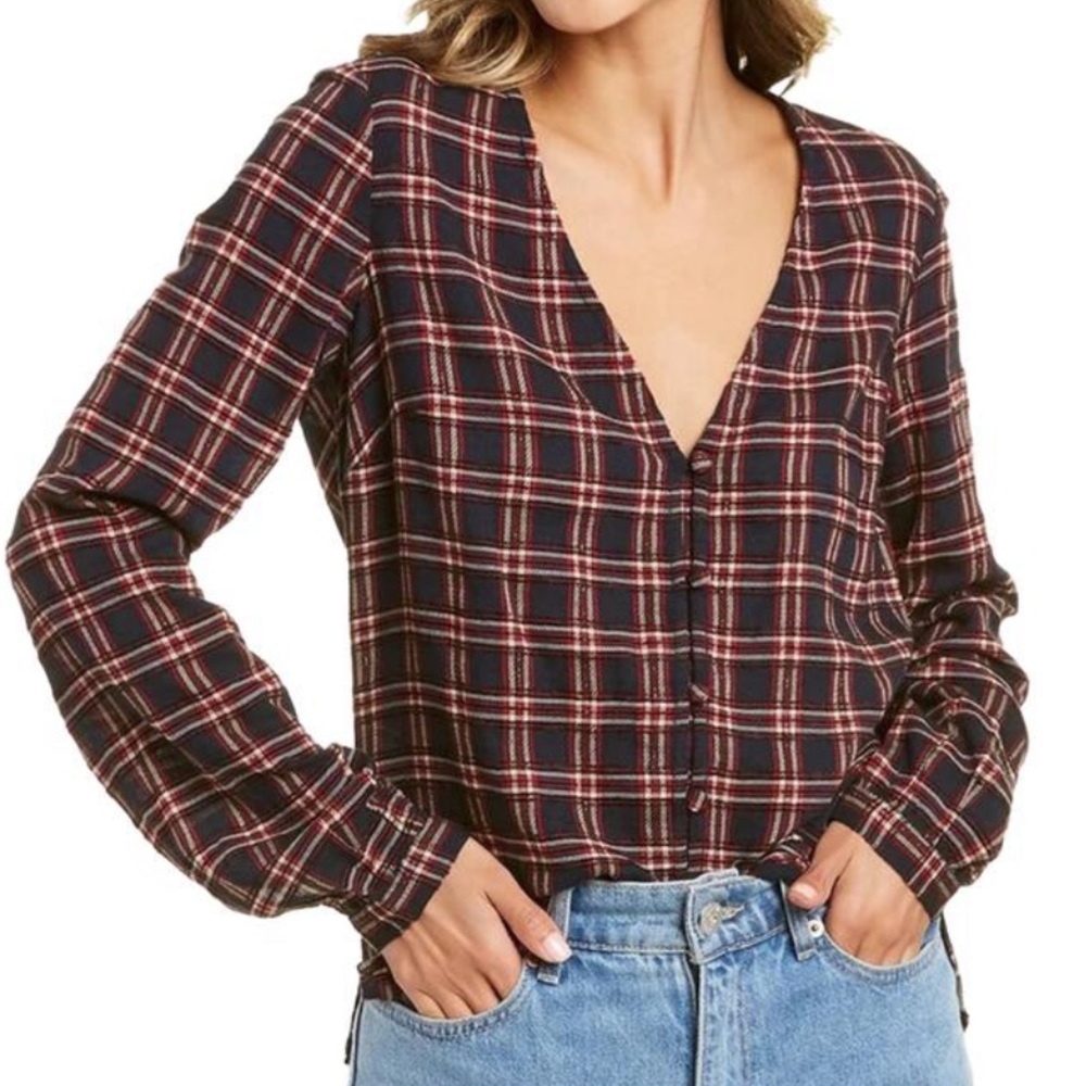 Veronica Beard Peggy Plaid Long Sleeve V Neck Button Down Blouse Size 6 Blue Red